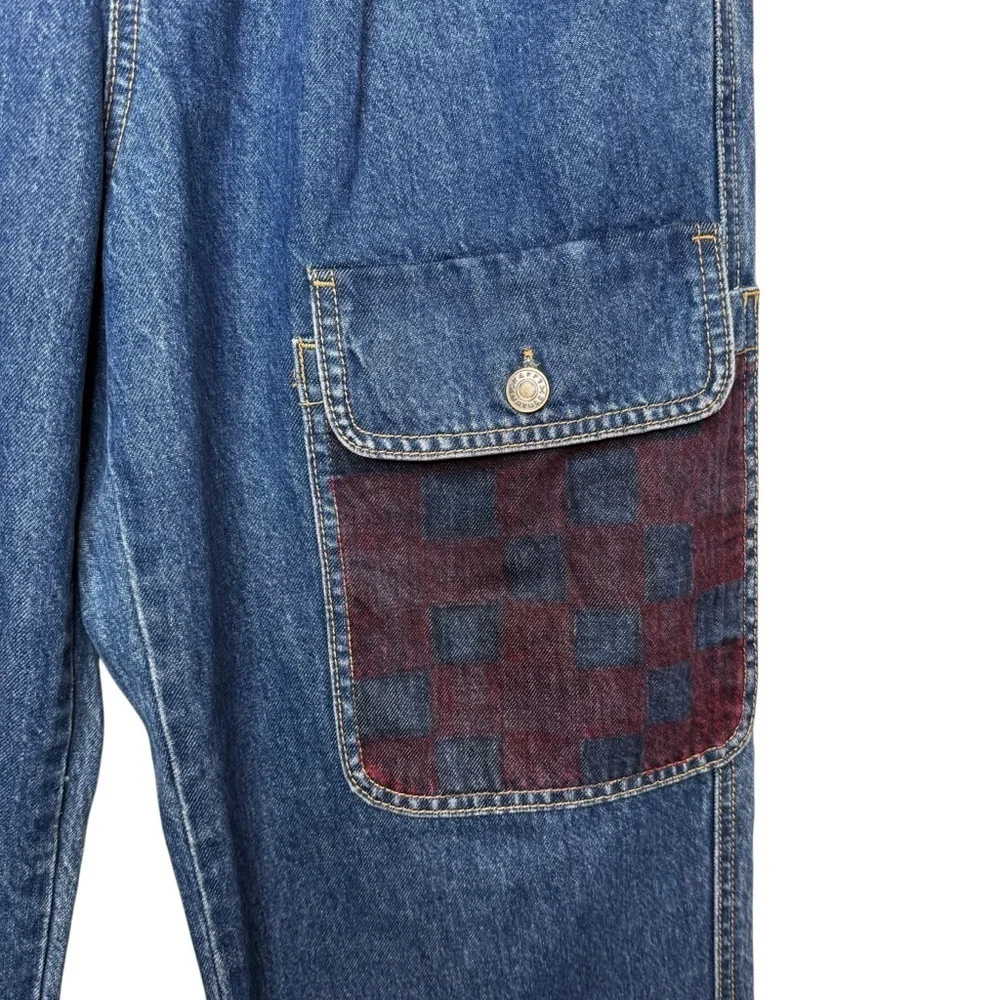 Happy x Nature Patchwork Plaid Pocket Wide Leg Jeans Boho Cottagecore Sz 4